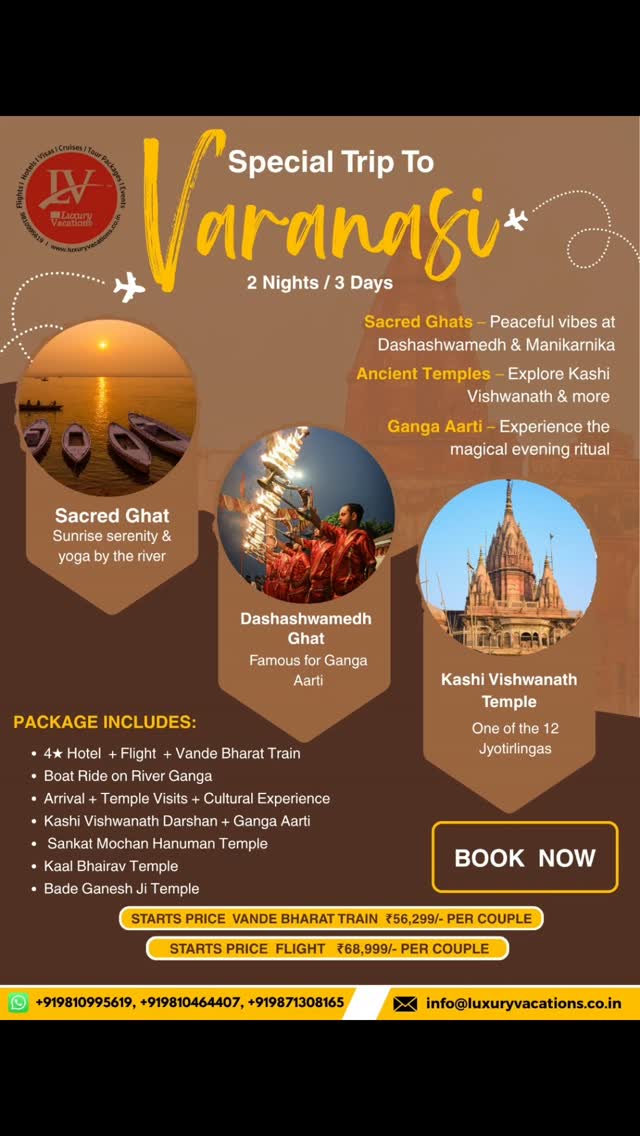 LUXURY VACATIONS brings to you exclusive deals on International and Domestic Hotels and Flights and other Cruise packages and Vacations , with amazing prices and Offers : Find out more on https://www.luxuryvacations.co.in/
#Varanasi #VisitVaranasi #Kashi
#Banaras #gangaaarti