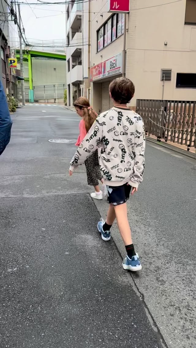 we’ve walked over 40 miles in 5 days. and in every district of Tokyo, my kiddos have self-directed play on the streets on Asia’s biggest city. from:
“only the white lines” to
“walk on the green parts” to
“follow the cracks”
B&B have found simple play in the most mundane of activities.
may I never forget the family vacations when my kiddos play together, voluntarily, in the most simple of ways.
