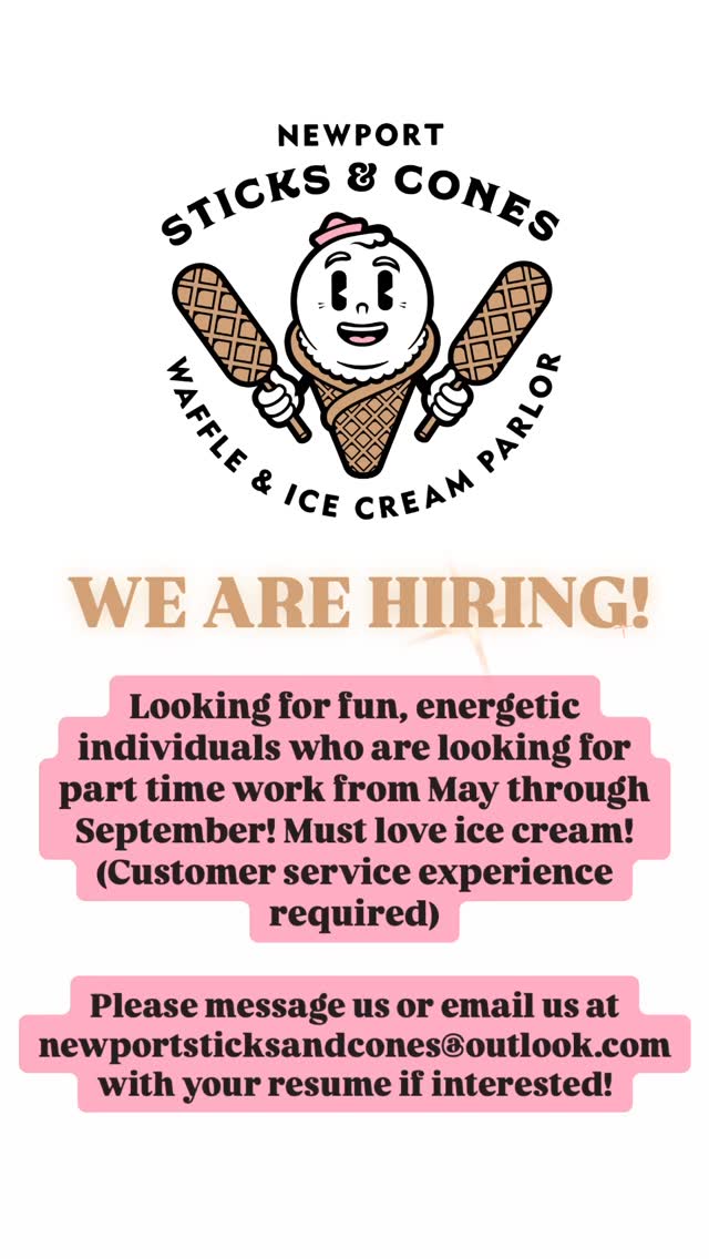 We’re hiring for the season!!
If you love ice cream and summers in Newport (and want the coolest bosses 😏), please send in your resume through DM or email!
DISCLAIMER: we are looking to fill positions for the entirety of the season (May-September) and ask that you have some prior customer service before applying, as well as availability for weekends and holidays.
If you would like more info, please send us a message!