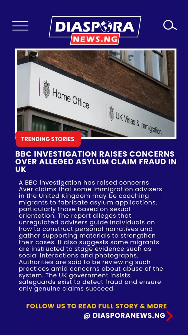 DiasporaNews.ng
A BBC investigation has sparked fresh debate in the United Kingdom after revealing allegations that some immigration advisers may be assisting migrants in fabricating claims to secure asylum, particularly those based on sexual orientation
Read full story
https://www.diasporanews.ng/post/bbc-investigation-raises-concerns-over-alleged-asylum-claim-fraud-in-uk