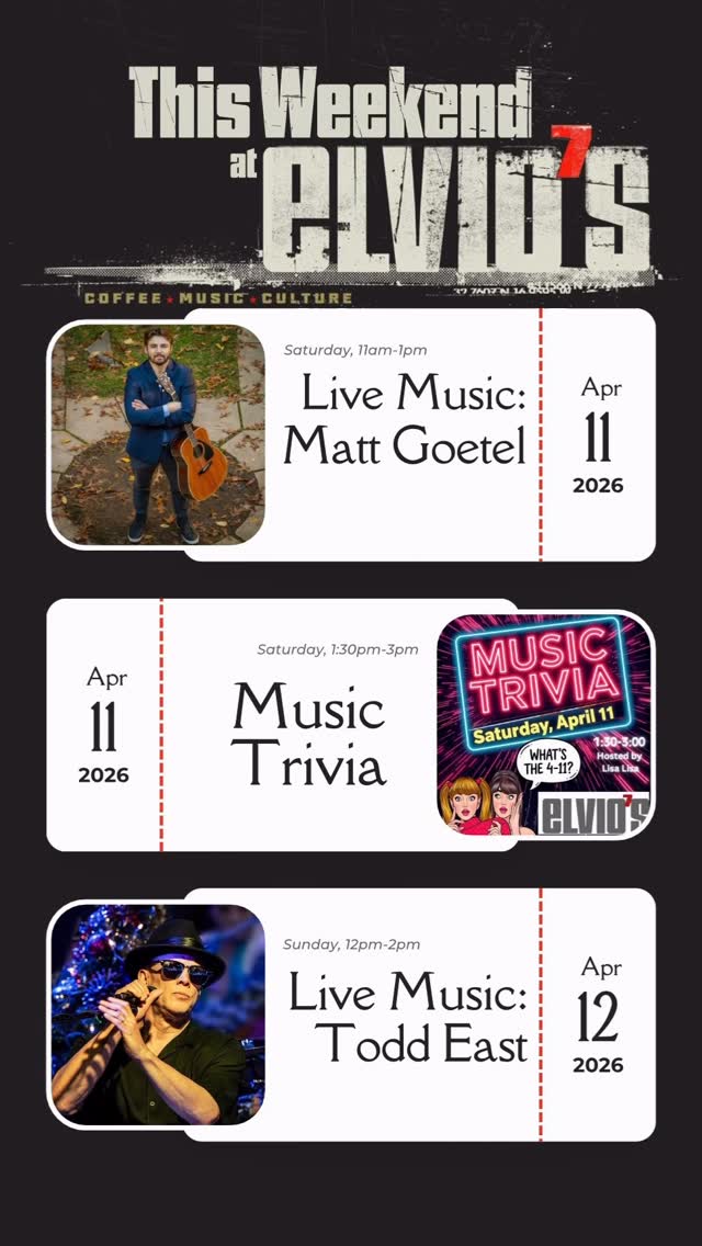 This Weekend At Elvio’s
Saturday 11am-1pm
Live Music: Matt Goetel
Saturday 1:30pm-3:00pm
Music Trivia
Sunday 12pm-2pm
Live Music: Todd East
On the Bay. 1350 Empire Blvd
#ElviosCoffee #RochesterNY #LiveMusicROC #WeekendPlans #ThingsToDoROC