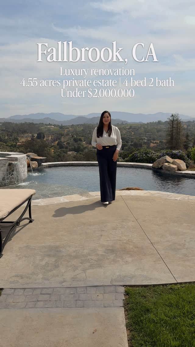 Completely renovated. One-of-a-kind. And sitting on over 4.5 acres for under $2M… this is what you can get in Fallbrook right now 👀
• Private estate with panoramic views and resort-style backyard
• Designer finishes throughout with high-end materials and craftsmanship
• Dream kitchen featuring La Cornue, Sub-Zero, and custom cabinetry
• Spa-inspired bathrooms with elevated, timeless design
This is the kind of property that doesn’t come around often… and it’s even better in person.
Comment “INFINITY” for more info and I’ll send you the details.
Follow me for more homes, community insights, hidden gems, and the best places to live in SoCal.
All information is reliable but should be independently verified.
Marketed By:
Catherine Kim | REALTOR®
California Real Estate License 02035547
Listing courtesy of
Jim Bottrell
DRE 01154905
Jaclyn Chancellor-Maddison
DRE 02011700
#fallbrookhomes #sandiegorealestate #luxuryrealestate
#infinitypool #hometour