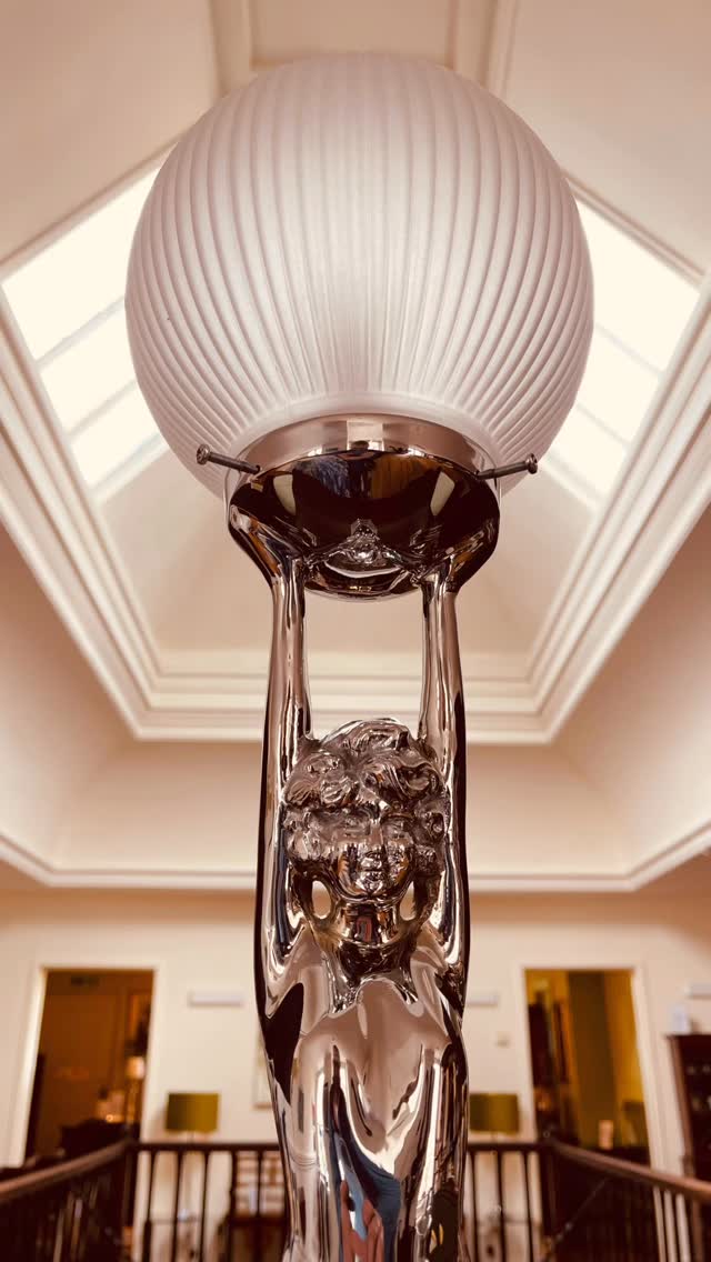 Stunning large format Art Deco table lamp in the form of a stylised 1920’s nude lady figure balancing on ball on three step, stepped base, with glass shade held triumphantly aloft.
This high quality British made brass/nickel chromium lamp includes an acid etched reeded glass globe, standing almost 3 feet tall.
#artdeco #lighting #homedecor