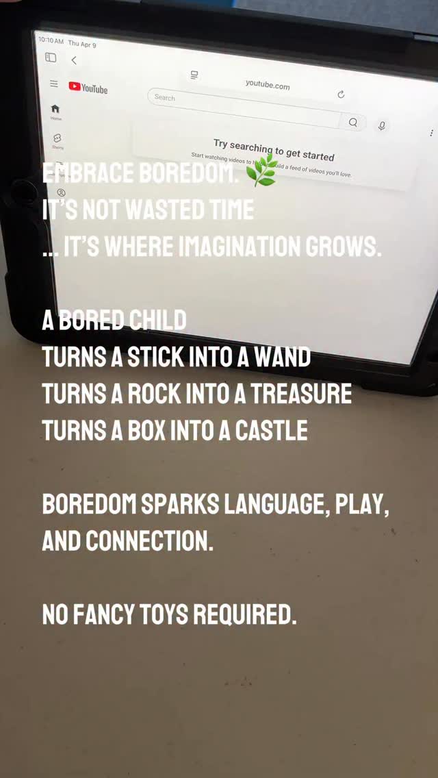 ✨ Embrace boredom! ✨
You don’t need fancy toys to spark imagination, language, and connection.
A stick becomes a wand, a pen, a tool, a story.
A rock becomes a treasure, a drum, a friend, a story starter.
A box becomes a castle, a car, a spaceship, anything!
Boredom isn’t empty time, it’s where creativity grows. 🌿
#SpeechTherapy #PlayBasedLearning #ChildDevelopment #LanguageDevelopment #LessScreensMorePlay