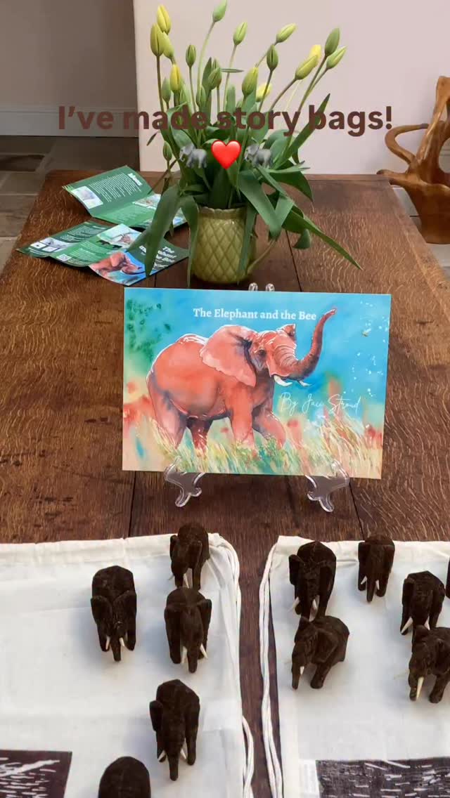They include my story of The Elephant and The Bee, a hand carved teak wooden elephant, a soft buzzy bee and a leaflet for parents and teachers full of ideas! The cotton story bag I hand lino printed with Mwanzi, the little elephant .❤️🐘❤️
Half of all proceeds go to @savetheelephants for their beehive fencing project and the link to my website if you would like a story bag is in my bio!
Thank you to my sister @philippacoomer in South Africa and her family who helped source the wooden elephants locally and to my daughter @charstroudx who helped with editing leaflets, @jillianjohnstonarts and @theartistshub.bishop for supporting me to print the bags!
An elephant size thank you to all of you who have encouraged me, bought my story, invited me to read in your nurseries and schools, galleries and libraries!
#conservationeducation #elephantlove #storysacks