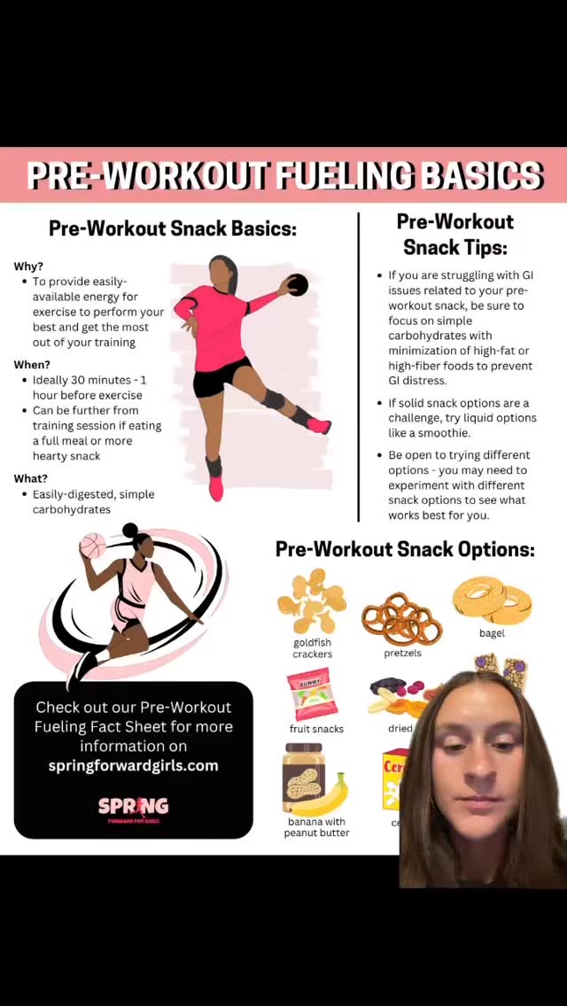 Pre-workout fueling is an essential component to your training plan. By including a pre-workout snack, you can provide more energy for training, thus getting more out of your training. When selecting a pre-workout snack, go for easily digested carbohydrate sources 30 minutes to one hour before exercise. Keep in mind that pre-workout fueling should be individualized to you, and you may need to try out several options at first. For more information, check out our free pre-workout fueling back sheet at springforwardgirls.com.
#sportsnutrition #femaleathlete #womeninsports #femaleathletes #preworkout