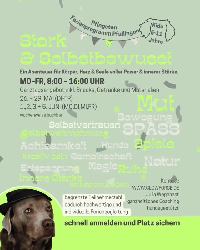 Pfingstferien, die in Erinnerung bleiben ✨
Du suchst nicht einfach nur Betreuung – sondern eine Zeit, die dein Kind wirklich stärkt, bewegt und begeistert? 🌿
In meinem Ferienprogramm in der Schlossschule in Pfullingen erleben Kinder eine besondere Mischung aus Bewegung, Natur, Kreativität und Gemeinschaft. Gemeinsam mit meinem Team schaffen wir echte Erlebnisse, in denen Kinder wachsen, Selbstvertrauen aufbauen und einfach sie selbst sein dürfen.
💛 Alle Kinder aus der Region sind herzlich willkommen – ganz egal, aus welcher Stadt ihr kommt.
📍 Veranstaltungsort: Schlossschule Pfullingen
👉 Link in Bio: Alle Infos & Anmeldung findest du auf: www.glowforce.de
👉 Dort wartet auch schon das Programm für die Sommerferien auf euch ☀️
Sichere deinem Kind jetzt einen Platz – wir freuen uns auf euch 💫
#kinder #ferienbetreuung #achtsamkeit #innerestärke #hundeliebe