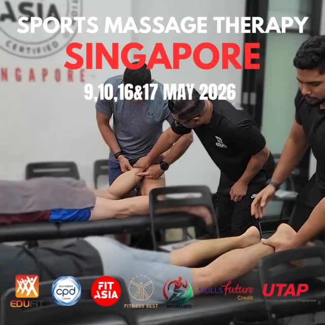 LEARN A NEW SKILL! 💪 Next intake of the SPORTS MASSAGE THERAPY CERTIFICATION (4-Days) on 9,10,16&17 MAY 2026 is open!
.
.
PROGRAMME CONTENT:
*Etiquette in sports massage therapy
*Effects of sports massage
*Contraindications
*Human Anatomy
*Client assessment guidelines
*Massage techniques
*Soft tissue release & myofascial stretching techniques (joint mobilisation)
*Case studies discussion on common musculoskeletal injuries
*Further education for Sports Massage Therapy
*Mentoring sessions (additional fee applies)
.
What do you get?
*CPD UK global accreditation
*Skillsfuture & UTAP eligible funding. *CoachSG CECs
MORE INFO AND REGISTRATION @ FITASIA.SG or EDUFITASIA.COM or book via link in bio. Early bird fee ended on 5 April 2026. Group discount available (3pax min)! DM US! Sign up today!!!
.
.
#singapore #sgfitness #sportsphysiotherapy #sportsg #singaporesportshub