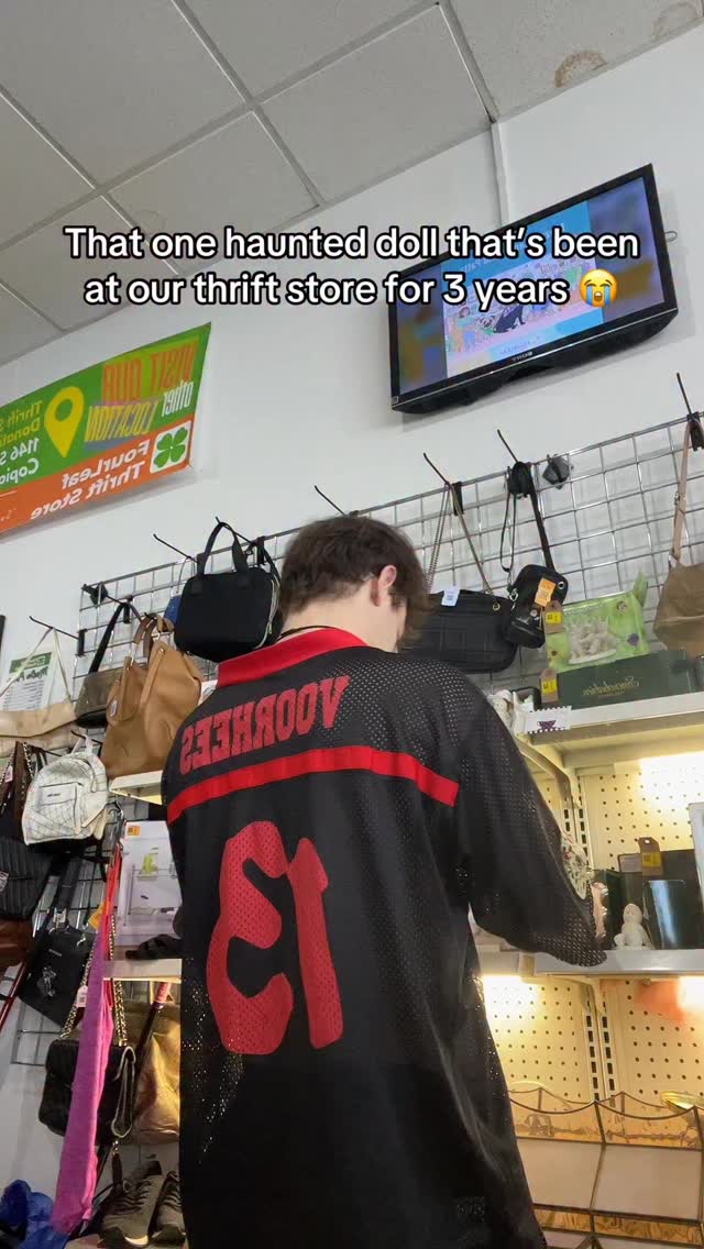 She’s literally been here since the day we opened and I really don’t understand how… someone come get her😭 #vintagedoll #porcelaindoll #thriftfinds