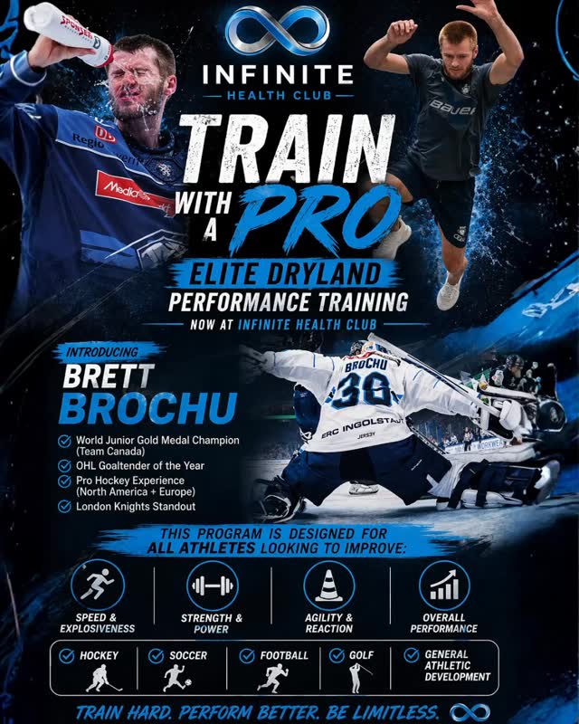 Train With a Pro. Perform Like One.
We’re taking athlete training to the next level at Infinite Health Club.
Introducing Brett Brochu —
Team Canada 🇨🇦 World Junior Gold Medalist
OHL Goaltender of the Year
Professional hockey career (North America + Europe)
Now bringing elite-level Dryland Performance Training to our community.
This program is built for ALL athletes looking to improve:
* Speed & explosiveness
* Strength & power
* Agility & reaction
* Overall performance
Hockey. Soccer. Football. Golf. Or any athlete ready to level up.
Spots are limited.
Message us to get started or email: rennee@infinitehealthclub.ca
#TrainWithAPro #InfiniteHealthClub #ElitePerformance #AthleteTraining #NextLevel