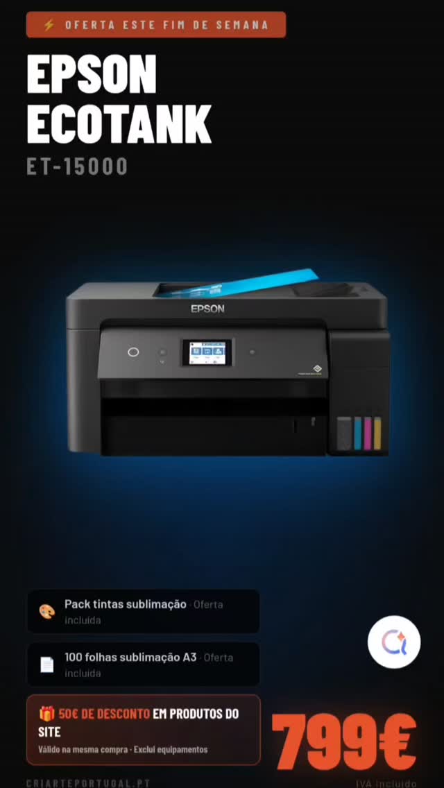 🖨️ PACK EPSON ECOTANK ET-15000 — SÓ ESTE FIM DE SEMANA!
Impressora A3+ profissional + pack tintas de sublimação + 100 folhas A3 de sublimação… e ainda 50€ em produtos do site incluídos na compra! 🎁
💥 Tudo por apenas 799€ (IVA incluído)
📋 REGRAS DA PROMOÇÃO:
✅ Válido apenas nos dias 25 e 26 de Abril de 2026
✅ Inclui 50€ em produtos do site para usar na mesma compra
✅ Se o valor dos produtos escolhidos ultrapassar os 50€, pagas apenas a diferença
✅ Exclui outros equipamentos
✅ Sujeito a stock disponível
👉 Aproveita já em www.criarteportugal.pt
🛒 Encomenda online ou fala connosco por mensagem
privada!
#sublimação #impressoraepson #criarteportugal #craftportugal #negóciodigital