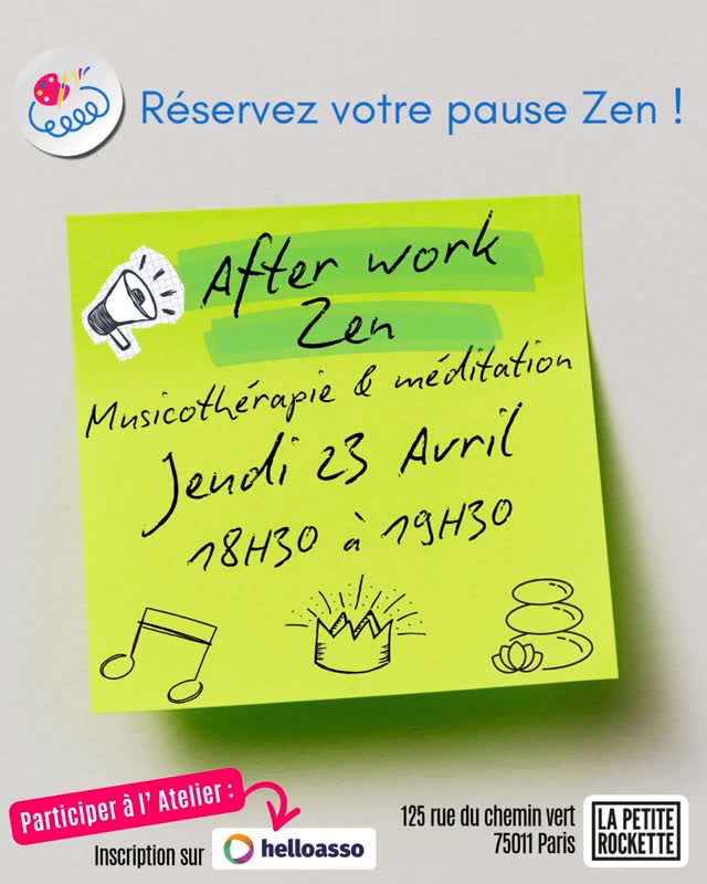 📣Il reste encore quelques places pour l’Afterwork Zen – Musicothérapie & Méditation ✨
✨ J-2 avant votre pause bien-être… ✨
Et si vous terminiez votre journée autrement ? 🌿🧘♀️🎵
Jeudi 23 avril | 18h30 – 19h30
Un moment pour ralentir, respirer et vous recentrer profondément.
Au programme :
💫 relâcher les tensions accumulées
💫 calmer le mental
💫 retrouver un espace de calme intérieur
🎵 Méditation, voyage sonore immersif & massage sonore au Koshi
📍Espace LA PETITE ROCKETTE : 125 rue du chemin vert – Paris 11ᵉ – métro Père-Lachaise
🎫 Profitez de l’offre Découverte :
1 place à 10 € (en ligne via HelloAsso)
➡️ Place accompagnant à 6 € sur place (espèces)
📩 Réservation via le lien en bio
🌸 Offrez-vous ce temps pour souffler et vous recentrer
Animé en duo : @camille.gaillardon et @jessicaarcher.arttherapie
#AfterworkZen #Musicothérapie #Méditation #BienÊtre #Relaxation #ArtThérapie #TempsPourSoi #EspaceLaRockette #ReconnexionASoi #AteliersCréatifs #HelloAsso
