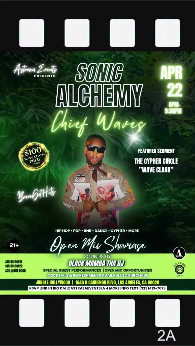 BrenGotHits stepping into the wave 🎤🌊
This is what happens inside The Cypher Circle.
Are you all ready for @brengothits ? ❤️🔥🎵
Sonic Alchemy: Chief Waves
$100 on the line. One winner.
April 22 | Jungle Hollywood | 6PM
@junglehollywood
Think you got it? Step in.
⚠️ RSVP required for cypher & open mic participation
Event info + ticket link in bio.
#SonicAlchemy #HipHopLive #LAEvents #Freestyle #Astraea✨
