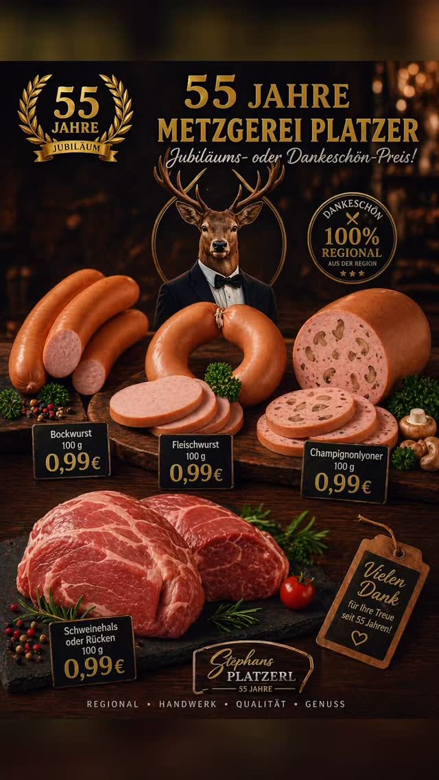 🛑 Nicht weiter scrollen!
👉 0,99€ Fleisch-Angebot?!
💛 Metzgerei Platzer feiert 55 Jahre
📍 Nur diese Woche auf dem Wochenmarkt Pforzheim! #WochenmarktPforzheim #MetzgereiPlatzer #Angebot #stephansplatzerl #Jubiläum Regional Fleischqualität