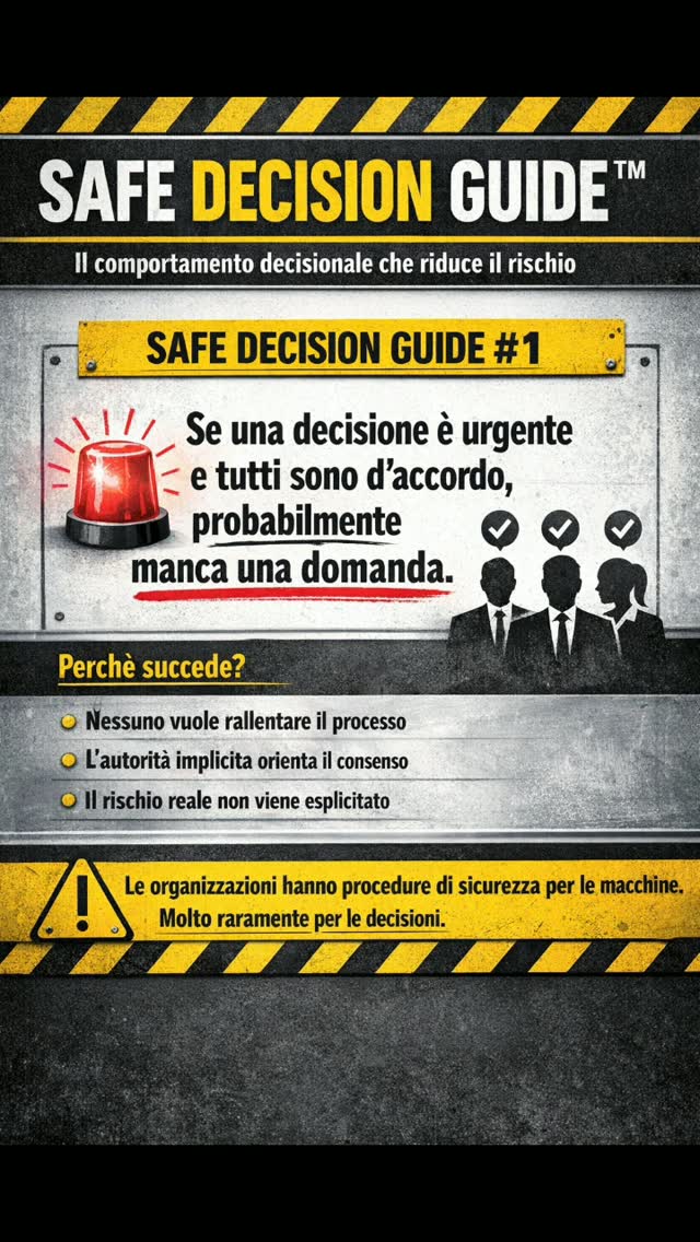 SAFE DECISION GUIDE™
Servizio pubblico aziendale.
Promemoria visivi per ricordare che:
le riunioni non sono neutre
i grafici non sono la realtà
il consenso non è comprensione
l’AI non funziona sugli Amiga
e le frasi motivazionali durano 3 secondi.
#safedecisionguide #identityfirst™ #leadershipotenziata