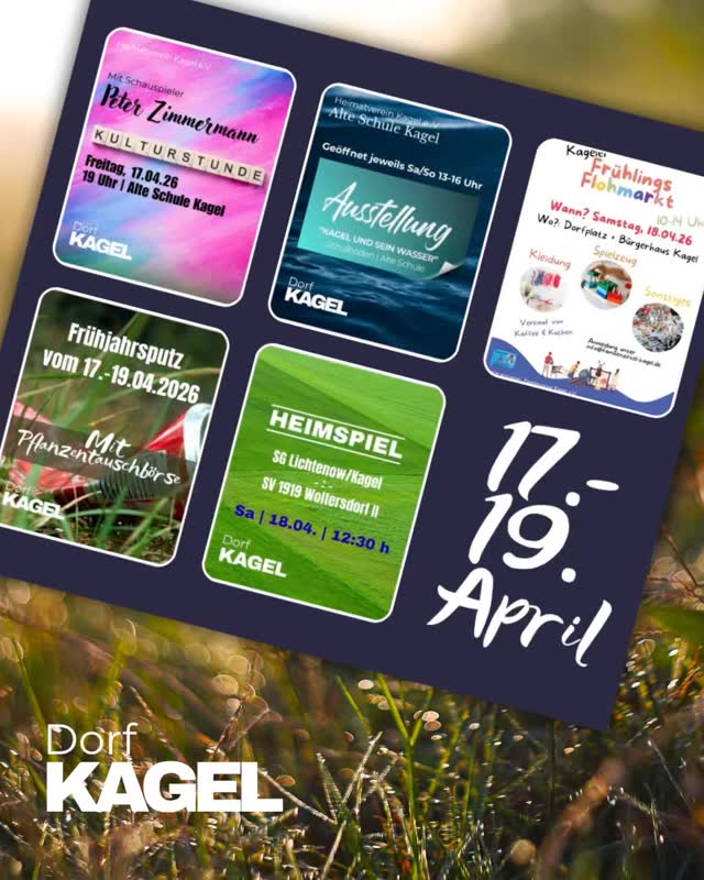 Ausruhen am Wochenende? Könnt Ihr vergessen!
FREITAG�🕖 19 Uhr – Kulturstunde mit Peter Zimmermann�„Essen und Trinken“�Snacks, Getränke & gute Gesellschaft 🍷�📍 Alte Schule (Einlass ab 18 Uhr)
SAMSTAG�🕙 10 Uhr – Flohmarkt�Stöbern, schnacken, Schätze finden�📍 Dorfplatz & Bürgerhaus
🕧 12:30 – Heimspiel ⚽�SG Lichtenow/Kagel vs. SV 1919 Woltersdorf II�📍 Mannipark
🕐 13–16 Uhr – Alte Schule geöffnet�Ausstellung: „KAGEL UND SEIN WASSER“�Einfach mal reinschauen!
SONNTAG�🕐 13–16 Uhr – Alte Schule geöffnet
🌱 FREITAG – SONNTAG�Frühjahrsputz in Kagel�Gemeinsam anpacken für unser Dorf �🧤 Müllsäcke & Handschuhe:
Freitag ab 16 Uhr�📍 Marktplatz Grünheide�🗑 Container: Bürgerhaus & Spielplatz Möllensee
Herzlichst
Euer Heimatverein Kagel 💛
#meinkagel #gruenheide #inallerfreundschaft #heimspiel