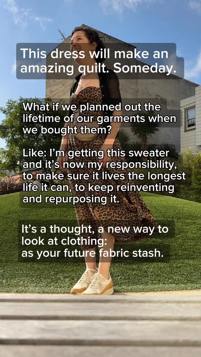I bought this dress around 2018, before I stopped buying new clothes and before I started quilting. It’s @marahoffman (now defunct ethical/sustainable fashion line) and the fabric is amazing.
I’ve worn it a ton, and plan to keep wearing it, but I’m also daydreaming about what it could be next… Because while it’s a dress, it’s also just an amazing textile. It’s cotton, the print is embroidered, it’s super nice quality. It would be an amazing fabric to mix with denim in a classic quilt block.
Wouldn’t it be cool if we looked at all the objects we bought in this way? You buy a bookshelf, you are taking responsibility for that wood and what it becomes next and where it goes.
I think it would make us be more thoughtful about the quality of things we buy, and of course the quantity. If things weren’t disposable we would have to be so much more creative and resourceful.
I don’t know, but I think it sounds like a lovely idea.