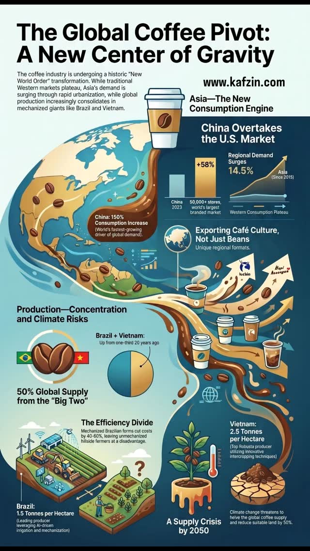 ☕ The Coffee World Is Shifting… Fast.
The center of gravity is moving — and most people haven’t noticed yet.
📍 Asia is becoming the new coffee powerhouse
📈 China’s demand is exploding (+150%)
🌍 Brazil & Vietnam now dominate ~50% of global supply
But here’s the twist…
⚠️ Climate change could cut global coffee supply in HALF by 2050
⚙️ Big farms are getting more efficient
👨🌾 Small producers are getting left behind
This isn’t just coffee.
This is a global power shift in real time.
And if you’re in the coffee business…
You’re either adapting — or becoming irrelevant.
💡 The real question is: Will specialty coffee ride this wave… or be crushed by it?
👇 Comment your take: Is this a threat or the biggest opportunity in coffee history?
#coffeeindustry #specialtycoffee #coffeebusiness #coffeetrends #globalmarkets coffeeeconomy coffeelover coffeetime agribusiness futureofcoffee