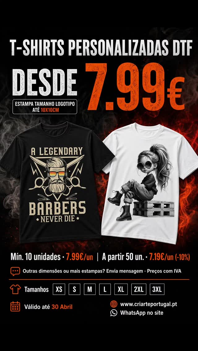 Para de pagar caro por t-shirts personalizadas.
10 unidades. A tua estampa. 7.99€ cada. IVA incluído. Ponto final.
Enquanto a concorrência te cobra o dobro, nós entregamos qualidade DTF — cores vivas, detalhes perfeitos, do XS ao 3XL.
⚠️ 50 unidades? Ainda mais barato. Automático. Sem negociação.
Partilha com quem tem um negócio, uma equipa, um evento, uma ideia.
Porque toda a gente merece ter a sua marca na camisola. 👕
Válido só até 30 de Abril. Depois desta data... adeus preço. 👋
🔗 www.criarteportugal.pt — WhatsApp no site
#TshirtsPersonalizadas #PersonalizaçãoDTF #CriartePortugal #ImpressãoDTF #NegócioPortuguês