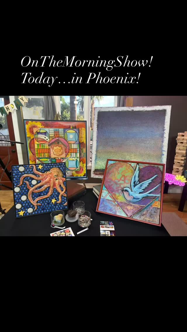 Excited to be featured #onthemorningshow with hosts, @themelissafarley and @hip_historian. So much fun! #artandenvironments #mixedmedia #heartart #supportlocalart