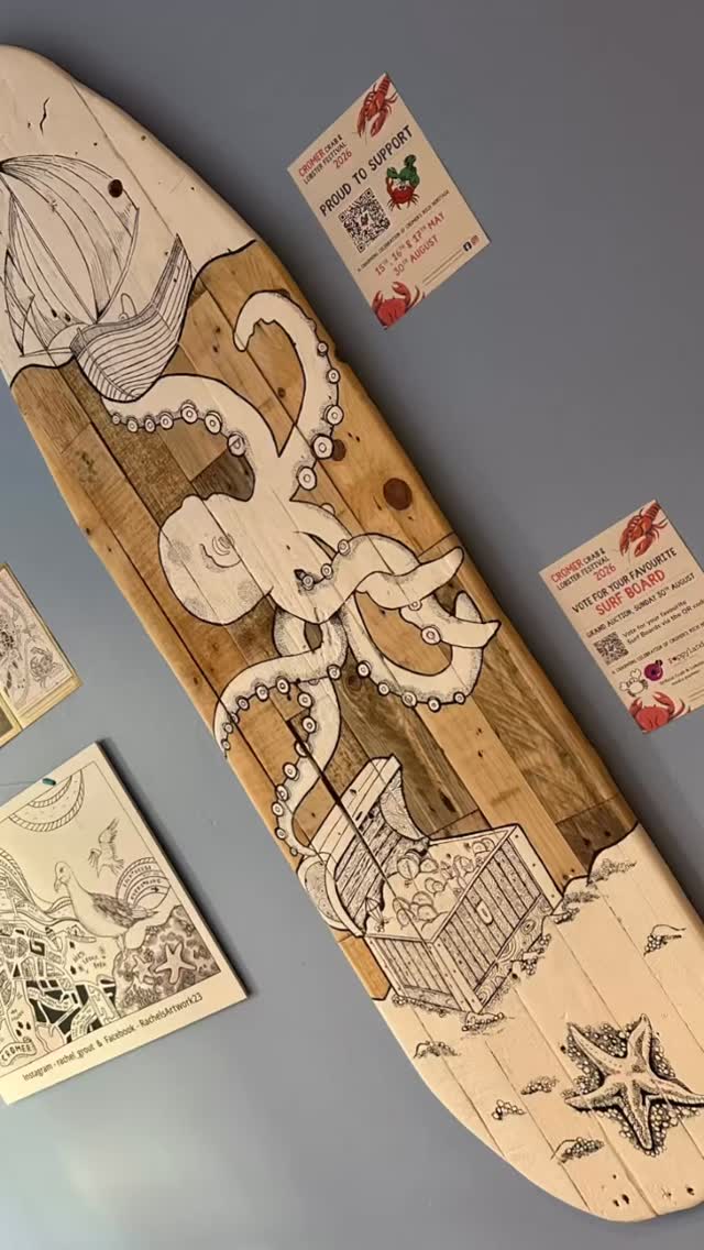 🦀 Cromer Crab & Lobster Art Trail 2026 🦞
Our surfboard for the 2026 art trail has arrived, with @rachel_grout returning as this year’s artist.
Rachel is a well-known Cromer artist, specialising in beautifully detailed pencil and fine-line pen drawings. You might already recognise her work from around town - from shop signage to local products and illustrations.
Our surfboard brings her distinctive style to life as part of this year’s trail. Pick up a leaflet around the town and explore the trail!
Plus, you can vote for your favourite surfboard, so if ours catches your eye, follow the poster QR code and give us a vote ✅
You can find a selection of Rachel’s work here with us including postcards and prints available at the counter.
📍 Explore the trail
🎨 Discover local artists
✅ Pick your favourite
#cromer #cromercrabandlobsterfestival #surfboardarttrail