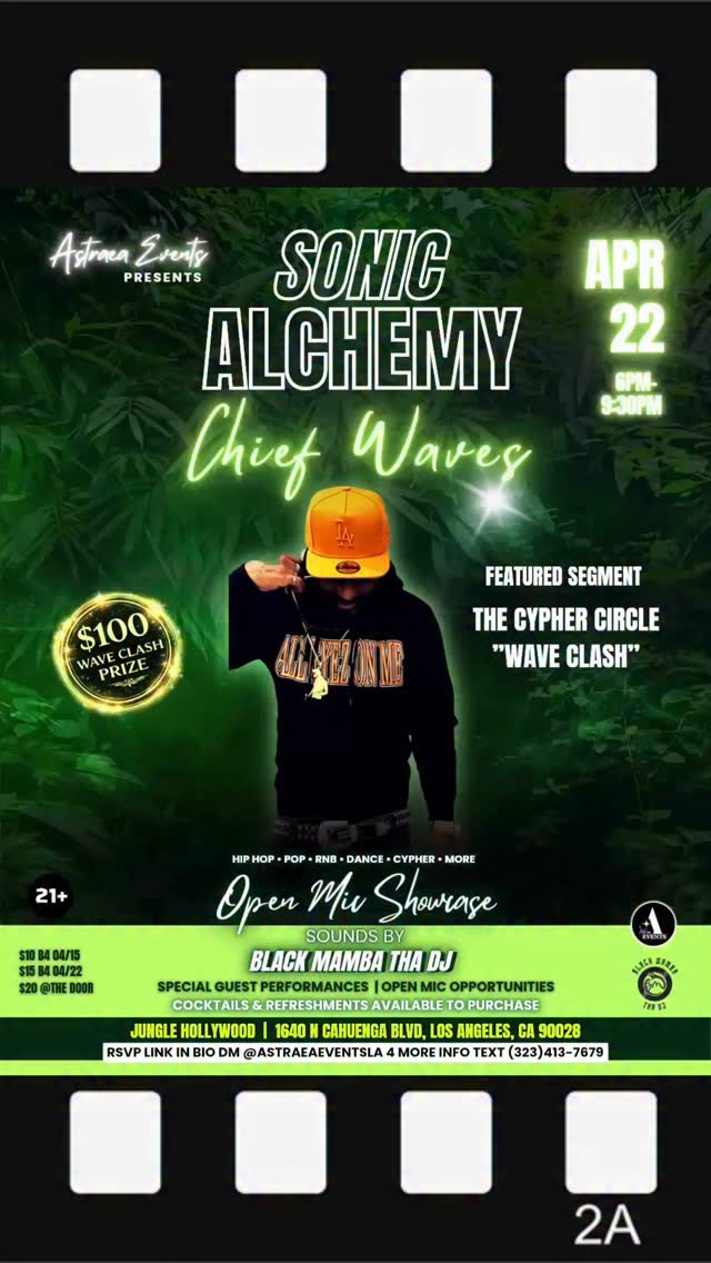 The energy speaks before the sound ⚡️🎼
Sonic Alchemy: Chief Waves
Headline Performance by Zoeway’Lockee @mrlockee5150
A night built on presence.
April 22 | Jungle Hollywood @junglehollywood
Tap into the wave.
Event info + ticket link in bio.
#SonicAlchemy #MusicExperience #LiveFromHollywood #WaveEnergy #Astraea✨