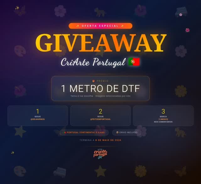 🎁 GIVEAWAY — CriArte Portugal 🇵🇹
Vamos oferecer 1 metro de DTF (100x58cm) do tema que escolheres! As imagens são selecionadas por nós com muito carinho. 🌸
Como participar ter no mínimo um ferro de engomar e :
1️⃣ Segue @delmarmug
2️⃣ Segue @feitoemportugal.pt
3️⃣ Marca 3 amigos nos comentários
📦 Envio incluído · Portugal Continental e Ilhas
⏳ Termina a 8 de Maio de 2026
Quanto mais amigos marcares, mais hipóteses tens!
Qualquer pessoa pode ser identificada, desde que tenha pelo menos um ferro de engomar 🤣
#GiveawayPortugal #DTFPortugal #CriartePortugal #FeitoEmPortugal #GiveawayGrátis