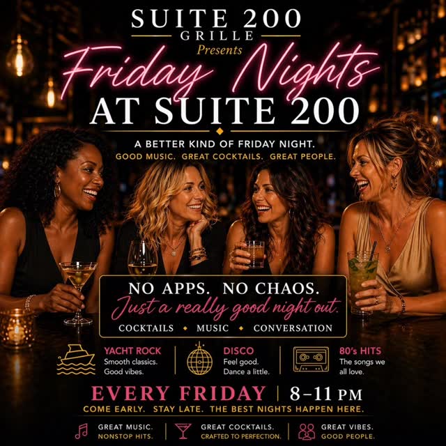 #Repost @suite200grille
A better kind of Friday night.
No apps. No chaos.
Just a really good night out.
Cocktails. Music. Conversation.
Yacht rock, disco, and 80s hits all night.
Every Friday
8–11 PM
#alpharetta #roswell #miltonga #atlanta atl