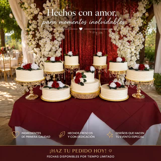 Elegante. Limpio. Inolvidable.
Ya sea boda, quinceañera, bautizo o cumpleaños — creamos pasteles que no solo saben bien… hacen que todo tu evento destaque.
🎂 Pasteles personalizados para cualquier ocasión
⚡ Fechas limitadas disponibles
No lo dejes para el final — las mejores fechas se llenan rápido.