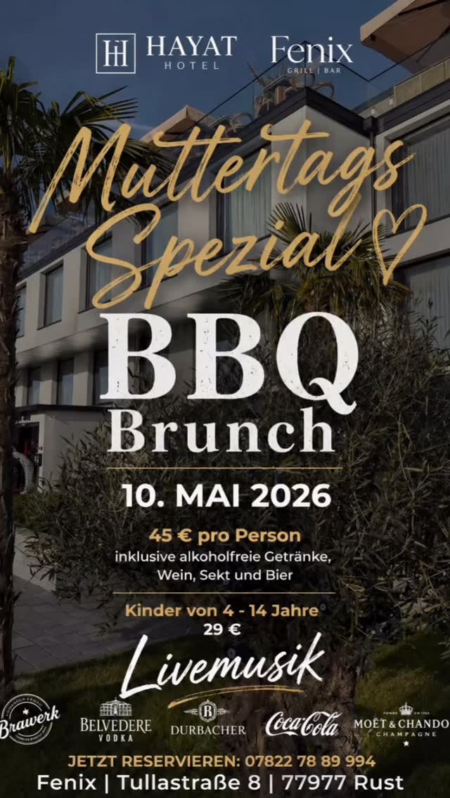 🌸 Muttertag im Fenix Rust 🌸
Überrasche deine Mama dieses Jahr mit etwas ganz Besonderem ✨
Genießt gemeinsam unseren exklusiven BBQ Brunch auf dem Rooftop – mit leckerem Essen, entspannten Vibes und Live-Musik 🎶
🥂 10. Mai 2026
🔥 BBQ Brunch
⏰ 11:30-15:00
🍷 inkl. Softdrinks, Wein, Sekt & Bier
💶 45 € pro Person
👧 Kinder (4–14 Jahre): 29 €
Freut euch auf einen genussvollen Tag mit traumhafter Atmosphäre über den Dächern von Rust 🌴☀️
#fenixrust #muttertag #muttertag2026 #rust #rooftop #bbqbrunch #brunchliebe #brunchtime #foodlover #genuss #livemusik #restaurantdeutschland #badenwürttemberg #europapark #rustrestaurant #sonntagsbrunch #feiernmitstil #goodvibes #instafood #brunchdate
📍 Fenix | Tullastraße 8 | 77977 Rust
📞 Jetzt reservieren: 07822 78 89 994
👉 Plätze sind limitiert – schnell sichern!
https://app.resmio.com/fenix-rust/widget?source=GoogleCTA