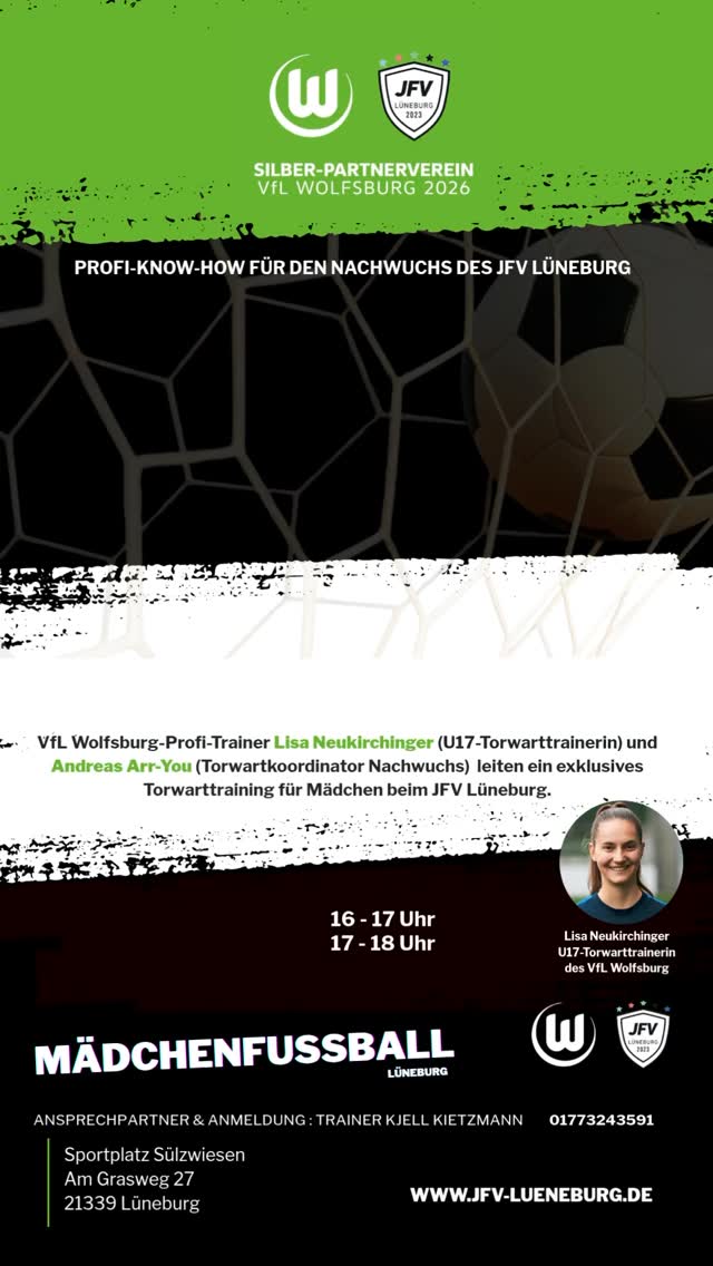 Profi-Know-how für den Nachwuchs! 💚⚽
Am 27.05. leiten die VfL Wolfsburg-Trainer
Lisa Neukirchinger (U17) &
Andreas Arr-You (Torwartkoordinator Nachwuchs)
ein exklusives Torhüterinnentraining beim JFV Lüneburg.
👧 Für Mädchen (Jg. 2013–2017)
⏰ 16–17 Uhr & 17–18 Uhr
📍 Lüneburg
🚨 Nur wenige Plätze verfügbar!
📞 Anmeldung: 0177 3243591
#JFVLüneburg #VfLWolfsburg #Torwarttraining #Mädchenfußball #Goalkeeper