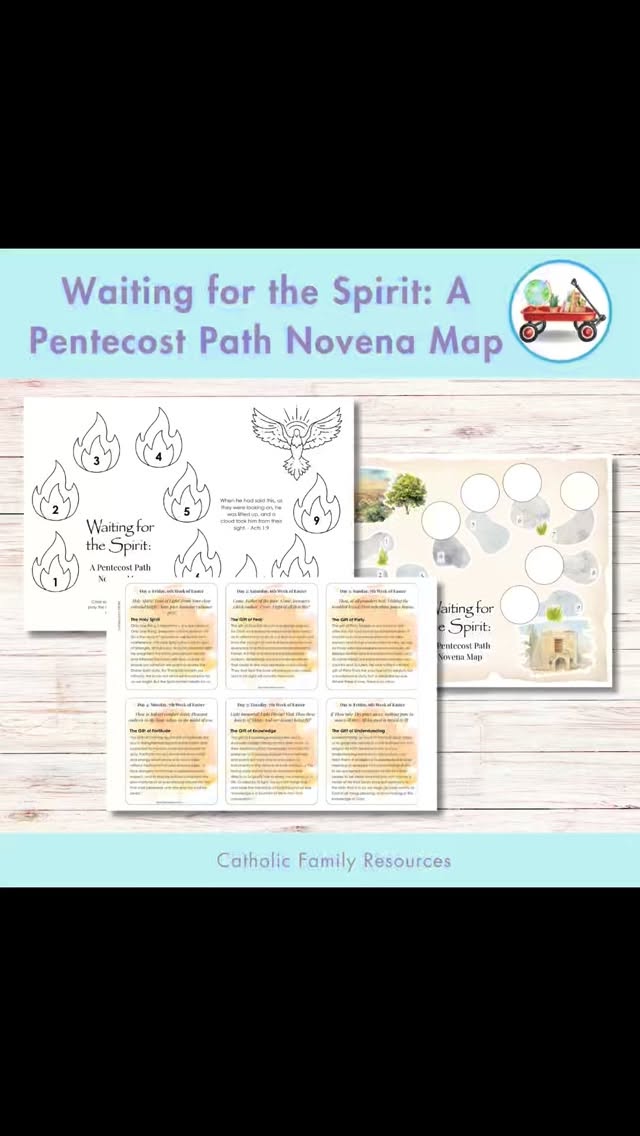 Waiting for the Spirit Novena Map: An interactive, 9-day journey with daily prayers, coloring flames, or sticker prompts to prepare hearts for the feast of Pentecost. #catholichomeschool #catholicparenting #catholicmom #homeschoolresources #teacherspayteachers