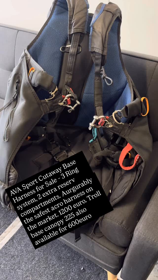 AVA Sport Cutaway Base Harness for Sale size M - 3 Ring system, 2 extra reserv compartments. Aurgurably the safest acro harness on the market. 1200 euro. Troll base canopy 225 also available for 600euro.
I’m from New Zealand but will be in Organya from early June to late August if you like to test fly. PM me for more info.
@acro.paragliding @paragliding_family @pro.paragliding @paraclinicsaotearoa @_paraglidingworld_
-
-
-
#paragliding #paraglidinglove #acroparagliding #paraglidinglovers #paraglidinglife