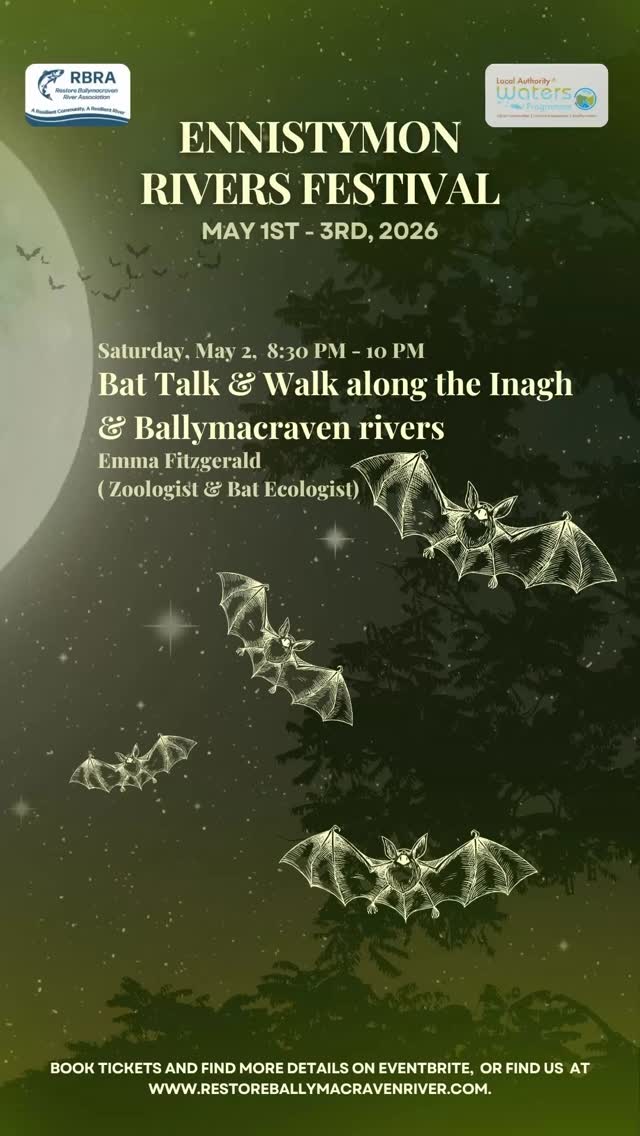 A very special event as part of our Ennistymon Rivers Festival; Bat Talk & Walk along the Inagh & Ballymacraven rivers. 🦇🦇🦇🦇
Starting with an illustrated talk in the @fallshotelandspa, then moving outdoors with bat detectors to identify various bat species.
Led by experienced bat ecologist Emma Fitzgerald, this guided walk will take you through the beautiful surroundings of the Inagh River Estuary and the Ballymacraven River as dusk comes in and bats begin their nightly hunt.
Along the way, you’ll learn about the different bat species found in Ireland, how they navigate using echo location, and the important role they play in healthy ecosystems. Using bat detectors, we’ll listen in on their high-frequency calls and watch them feed overhead and along the Inagh & Ballymacraven Rivers.
What better way to celebrate #earthday2026 than to give yourself the time to learn and see the bats that live amongst us.
Booking is Essential. Kids go free (minimum age 8).�🦇✨🦇✨🦇✨�#ennistymon #riverrestoration #lawprofund #ennistymonriversfestival