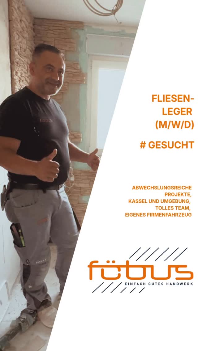 🔨 **Wir suchen dich als Fliesenleger!**
Du hast Lust auf abwechslungsreiche Projekte im Bereich Sanierung und Reparatur? Dann bist du bei uns genau richtig! Bei uns erwartet dich kein eintöniger Alltag, sondern vielseitige Aufgaben in Kassel und Umgebung.
🚐 Firmenfahrzeug inklusive – starte direkt von zu Hause zur Baustelle
🤝 Starkes Team mit regelmäßigem Austausch
🎉 Firmenevents & gutes Betriebsklima
Bei uns zählt nicht nur deine Arbeit, sondern auch das Miteinander.
👉 Klingt gut? Dann melde dich bei uns und werde Teil unseres Teams! www.foebus-kassel.de/stellenangebote