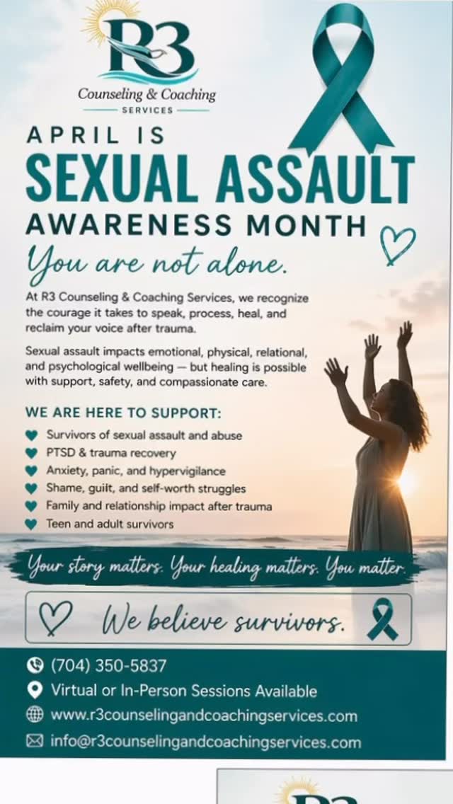 April is Sexual Assault Awareness Month. š
At R3 Counseling & Coaching Services, we stand with survivors and recognize the strength it takes to heal from experiences that often go unseen and unspoken.
Trauma can impact every part of a personās life emotionally, mentally, physically, and relationally but support matters, healing matters, and YOU matter.
This month and every month, we remain committed to creating a safe, supportive space for those navigating trauma, PTSD, anxiety, shame, fear, and emotional recovery.
You are not alone.
We believe survivors.
And healing is possible.
š Virtual or In Person Sessions Available
š (704) 350-5837
š www.r3counselingandcoachingservices.com
#SexualAssaultAwarenessMonth #R3CCS #TraumaRecovery #MentalHealthMatters #fypć·