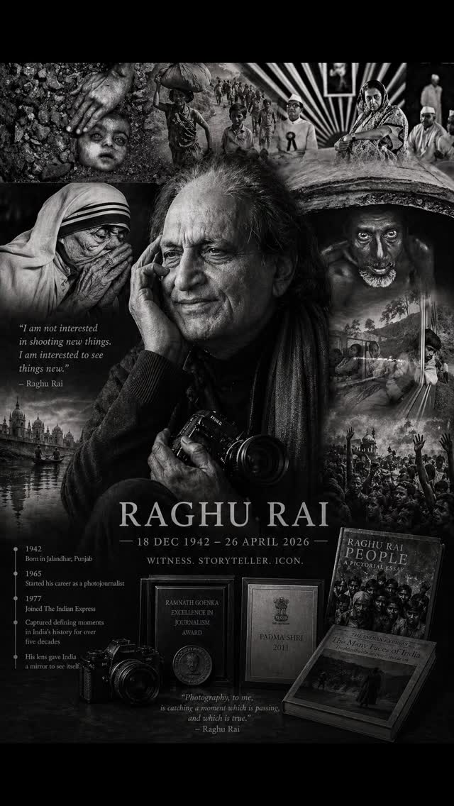 🕊️ A giant has left us.
Raghu Rai ji — one of India’s greatest photographers and photojournalists — passed away on April 26, 2026, at the age of 83.
For over six decades, his camera told the story of India in a way words never could. From the Bangladesh war to the Bhopal gas tragedy… from the streets of Calcutta to the soul of Delhi… from Indira Gandhi to Mother Teresa — he bore witness to history, one frame at a time.
The only Indian personally nominated to Magnum Photos by Henri Cartier-Bresson. That honour alone speaks volumes.
A few months ago, I created a small video featuring photographs from his book — because I believe every serious photographer must study his work. Today, sharing it feels like the most fitting tribute I can offer.
I never had the privilege of meeting him. But like millions of photographers across India, I have learned from him — through his images, his books, his vision.
He did not just take photographs.
He gave photography its soul.
Rest in peace, Sir. 🙏
#RaghuRai #IndianPhotography #Photojournalism #MagnumPhotos #PhotographyLegend