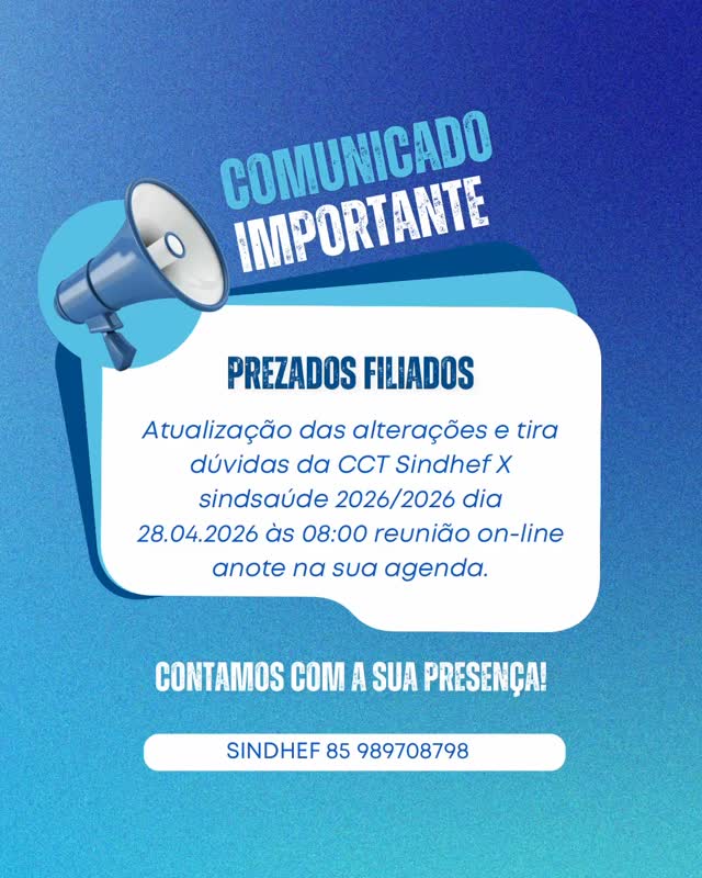 As atualizações da nova convenção já estão em vigor e trazem mudanças que impactam diretamente o seu dia a dia e a gestão das nossas entidades. Para garantir que todos estejam alinhados e seguros juridicamente, realizaremos uma reunião exclusiva de esclarecimento.
🗓️ Marque na agenda:
• Data: Amanhã, dia 28 (terça-feira)
• Horário: 08h00
• Formato: Online
🎯 O que será discutido?
• Principais alterações na convenção Sindsaúde 2026/2026.
• Novas regras e conformidades técnicas.
• Espaço aberto para tirar dúvidas em tempo real.
• Preparem-se! É fundamental a participação de todos para que não restem dúvidas sobre as novas diretrizes.
•
SINDHEF
Sempre ao lado do filiado, promovendo transparência e segurança.