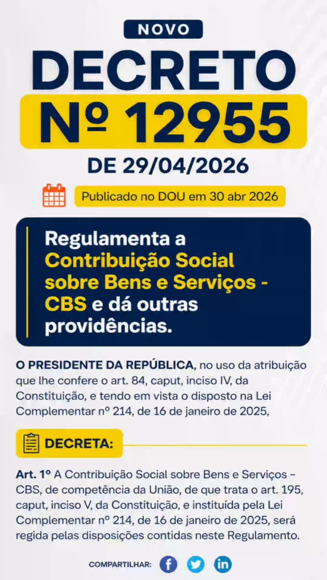 A publicação do Regulamento da CBS marca mais um passo concreto na implementação da Reforma Tributária no Brasil.
Mais do que a criação de um novo tributo, estamos diante de uma mudança estrutural na forma de tributar o consumo: base ampla, não cumulatividade efetiva, tributação no destino e forte digitalização dos processos.
A reforma já começou. A pergunta agora é: sua empresa está preparada?
#ReformaTributária #CBS #Tributário #GestãoEmpresarial #Contabilidade