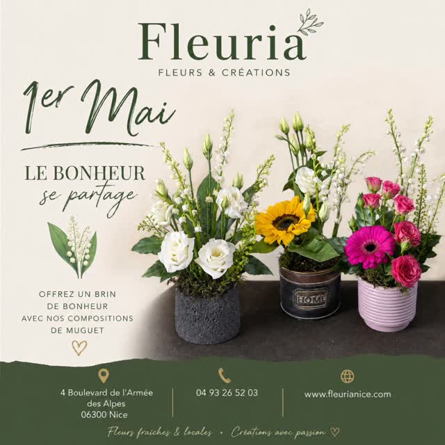 🌿✨ 1er mai – Le muguet chez Fleuria ✨🌿
Le muguet est célébré dans toute sa simplicité et son élégance 🤍
Chez Fleuria, nous vous proposons le muguet sous ses plus belles formes :
🌱 En brins, traditionnels et parfumés
💐 En compositions florales délicates.
🌿 En esprit jardin naturel.
Le bonheur se glisse parfois dans une simple clochette blanche au détour du printemps✨
📍 Fleuria – 4 boulevard de l’Armée des Alpes, 06300 Nice
📞 04 93 26 52 03
🕖 Ouvert de 7h à 19h
🌐 www.fleurianice.com
Le bonheur tient parfois dans une simple clochette blanche au cœur du printemps 🌿
#Muguet #1erMai #Fleuria #FleuristeNice #Bonheur