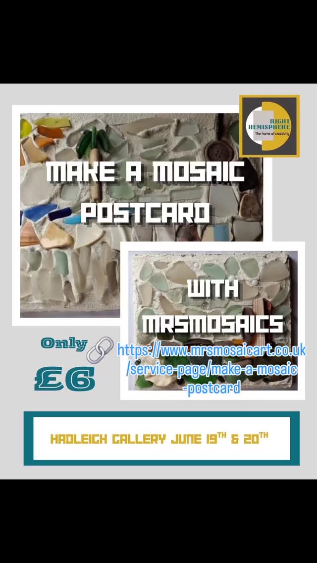 Only a few spots left on this cute little taster workshop.
Have you booked yours?
Paste this link to book. https://www.mrsmosaicart.co.uk/service-page/make-a-mosaic-postcard
#hadleighgallery #righthemisphere #mrsmosaiclos
