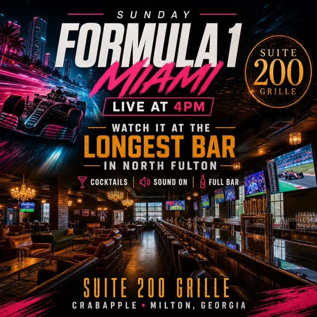 #Repost @suite200grille
F1 Miami live this Sunday at 4PM.
Sound on. Drinks flowing.
Watch it at the longest bar in North Fulton.
Suite 200 Grille
Milton Georgia