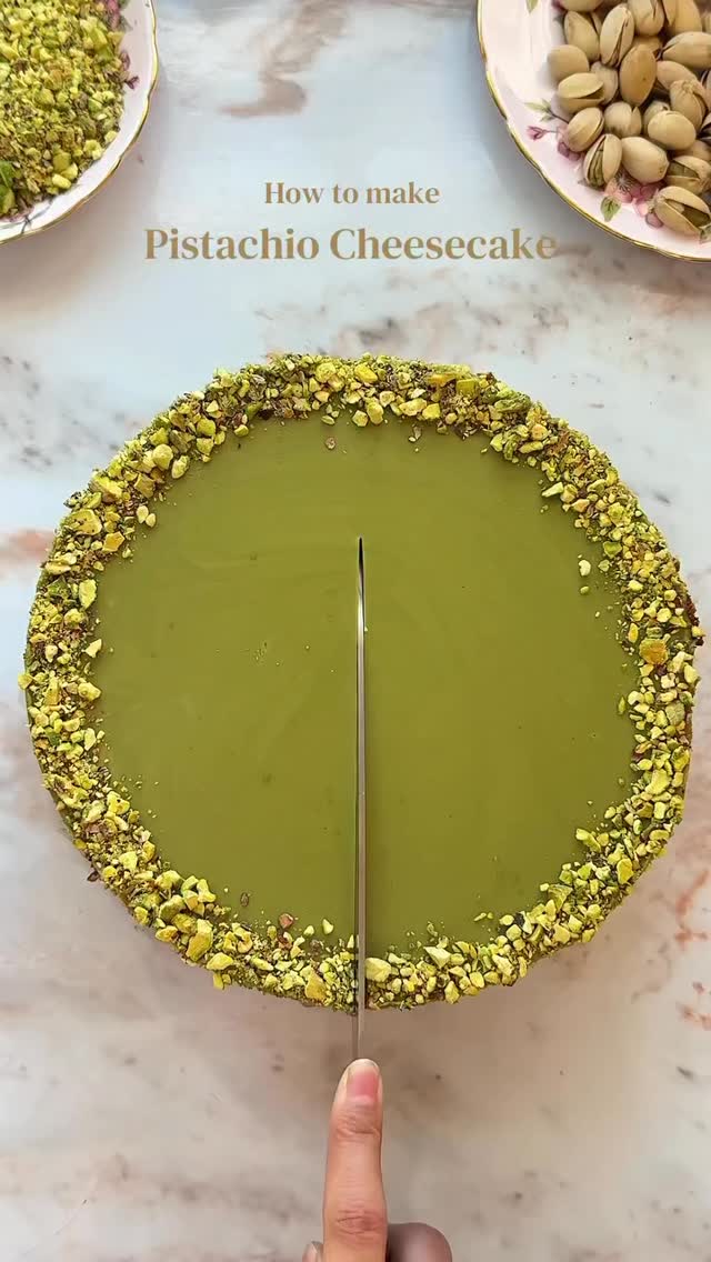 Pistachio Cheesecake 🍰💚
Recipe by @samisavor1
Crust:
250g crushed biscuits
70g melted butter
Filling:
600g cream cheese
100g sugar
200g sour cream
200g white chocolate, melted
200g pistachio spread
3 eggs
15g cornstarch
¼ tsp salt
1 tsp vanilla
Topping:
200g pistachio spread
50g crushed pistachios
Dried rose petals
✨ Make sure all ingredients are at room temperature
Method:
1️⃣ Mix biscuits + butter, press into a 9” pan. Bake 10 min at 180°C. Cool.
2️⃣ Beat cream cheese → add sugar, sour cream, white chocolate, pistachio spread, vanilla, salt & cornstarch.
3️⃣ Mix in eggs one at a time.
4️⃣ Pour over crust. Bake in a water bath at 160°C for 1 hr. Do not open the oven.
5️⃣ Turn oven off, leave inside 1 hr.
6️⃣ Cool, then chill overnight.
7️⃣ Top with melted pistachio spread, pistachios & rose petals.
💚 Slice with a clean knife for perfect cuts.