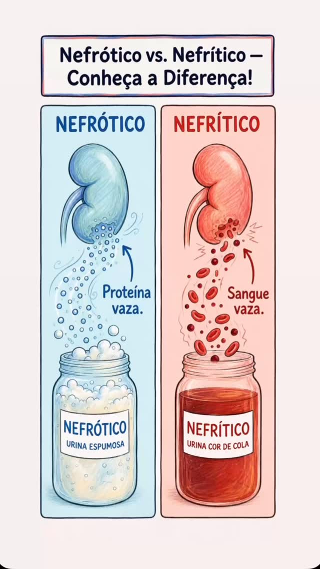 Nem toda doença renal causa dor.
Na síndrome nefrótica, o principal problema é a perda de proteína pela urina, podendo causar espuma persistente e inchaço.
Já na síndrome nefrítica, ocorre inflamação dos filtros renais, com possível presença de sangue na urina, pressão alta e queda da função dos rins.
Urina muito escura, aumento rápido da pressão ou inchaço importante merecem avaliação médica.