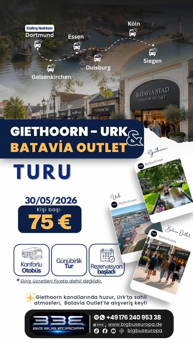 Bir günde huzur, deniz havası ve alışveriş keyfi bir arada ✨
Giethoorn’un sakin kanallarında gezip,
Urk’un eşsiz atmosferini keşfedip,
Batavia Outlet’te dünyaca ünlü markalarda alışveriş yapıyoruz 🛍️
Konforlu ulaşım ve keyifli bir gün için yerini ayırtmayı unutma.
📅 30.05.2026
📩 Rezervasyon ve detaylı bilgi için DM veya WhatsApp
#giethoorn
#bataviaoutlet
#avrupaturları
#günübirliktur
#outletshopping