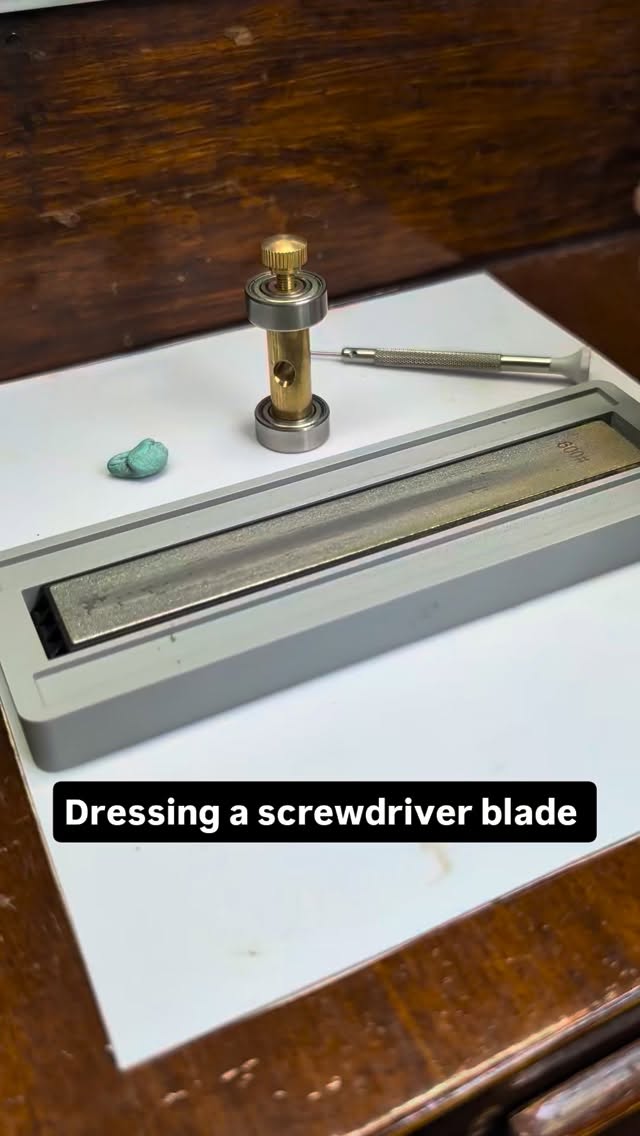 The secret to not marring screw heads? It’s all in the dressing.
As a watchmaker, dressing screwdrivers is a frequent and essential task. If the blade is too thin, it slips; if it’s too thick, it won't seat. By using a sharpening jig and a lap, we ensure the flats are perfectly even and the tip is the exact width needed for the specific movement on the bench.
#watchmaking #horology #tools #watchrepair #craftsmanship