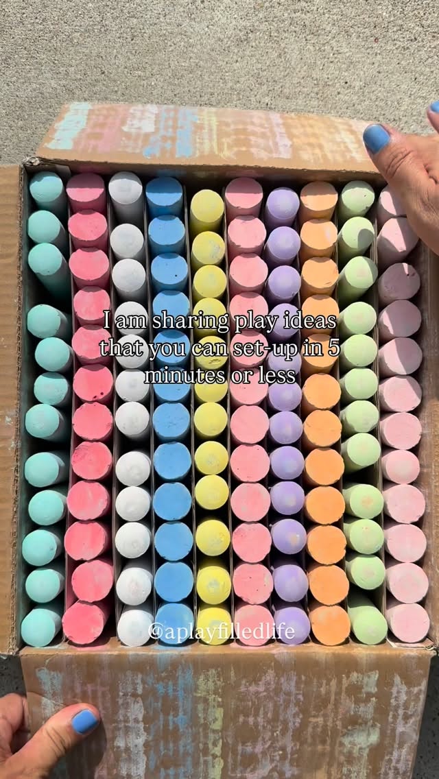 Follow for more daily play ideas like this!
Welcome to Chalk It Up Monday! I am sharing our favorite chalk activities every Monday for the next TEN weeks!
Summer supplies can be simple and so very effective. Comment CHALK to stock up!
There is a reason I share this exact activity multiple times a year. It takes minutes to set-up and the fine motor work is 10/10.
It’s movement and learning and fresh air and it can’t be beat! This was a spring stable in my kinder classroom!