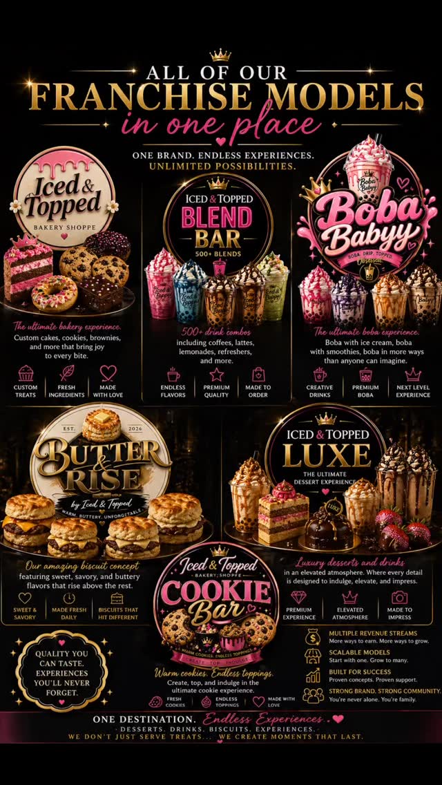 ✨ WE ARE MORE THAN JUST A BAKERY ✨
At Iced & Topped, we didn’t stop at desserts…
we created an entire experience under one roof.
Right here in our Douglasville Shoppe, you’ll find:
🍰 Our signature bakery experience
🥤 The Blend Bar with 500+ drink combinations
🧋 Boba Babyy – the ultimate boba experience
🧈 Butter & Rise – sweet & savory gourmet biscuits
🍪 The Cookie Bar – warm cookies with endless toppings
💎 Iced & Topped Luxe – elevated, luxury desserts
This isn’t just a place you visit…
it’s a place you explore.
And as we continue to grow and expand into other communities…
👑 Douglasville will always be home.
No matter how far we go,
this is the ONE place where you can experience
every Iced & Topped concept all together.
Every flavor. Every experience. All in ONE location.
📍 Douglasville, GA
Come see what everyone’s talking about.
🔥 HASHTAGS
#IcedAndTopped #DouglasvilleGA #MoreThanABakery #HometownPride #GrowingBusiness