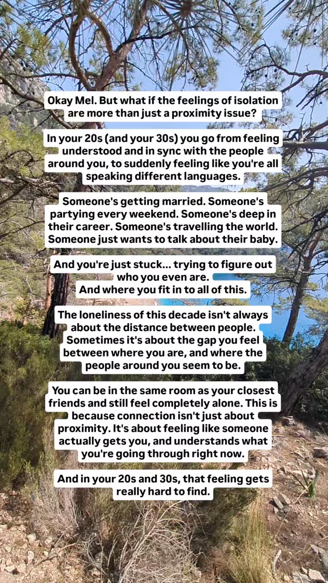 Proximity is not the only thing leaving you feeling lonely in your 20s.
If this is something you're experiencing, therapy can be a really helpful space to make sense of it. Not just the loneliness, but who you are and what you want.
I'm an anxiety therapist working with women in their 20s and 30s who are overwhelmed by life-transitions. Feeling stuck, lost and uncertain of who you are?
Sometimes it's not about pushing through, sometimes it's about slowing things down and investing in yourself again.
I help my clients build confidence, figure out who they are and what they want. So that they can start living their life with contentment and not panic.
Follow @therapy_isthisit to learn more 👋🧠
I'd love to support you.
#therapyforoverwhelm #quarterlifecrisis #anxietytherapy #feelinglonely #melrobbins