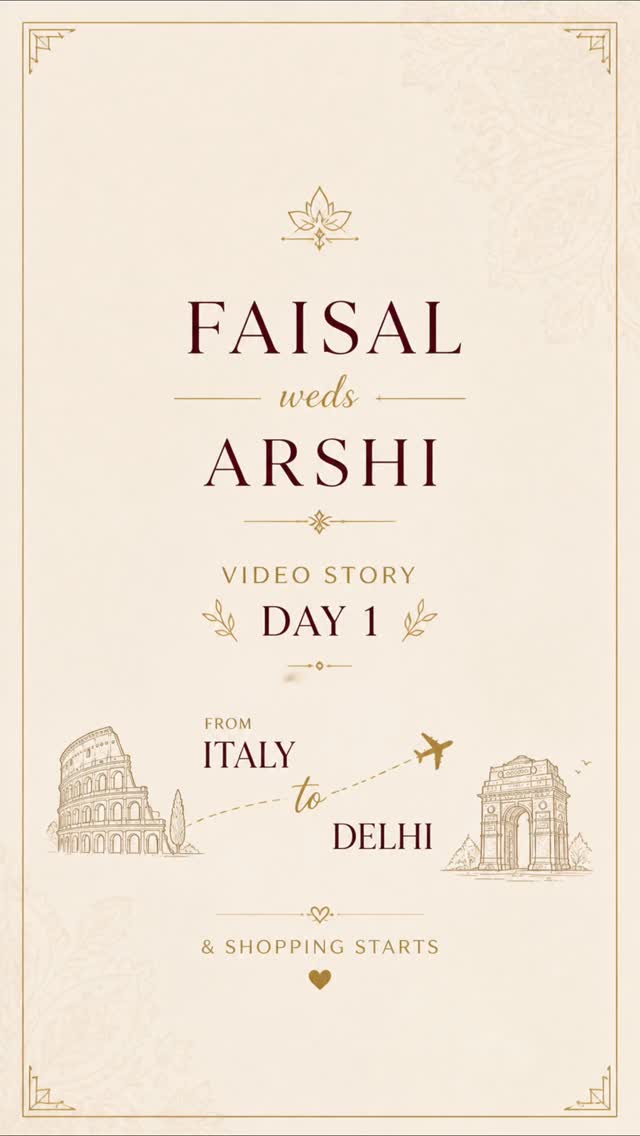 As promisied here I am with storytelling of my wedding, who you missed has asked in numbers & finally iam delighted to share with you all our wonderful celebrations From Italy 🇮🇹 to Delhi 🇮🇳… and the journey doesn’t stop here ✈️✨
Day 1: a whirlwind of love, travel, and instant shopping vibes 🛍️💫
Because when you’re back home, the celebrations begin immediately!
Faisal weds Arshi 💍
Video Story – Day 1 Complete ✔️
Next stop: Wedding Destination – Khajuraho ✨
Stay tuned… the story is just getting started 💛
.
.
.
.
.
#WeddingStory #WeddingJourney #indianweddingvibes #weddingseries #faishi